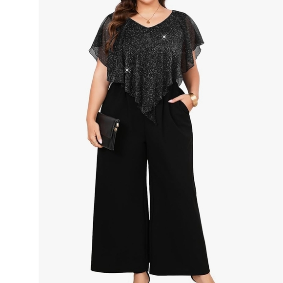 ZOMVA - 3X Black Sparkly Mesh V Neck Wide Leg Mother of The Bride Pantsuit - Picture 5 of 11